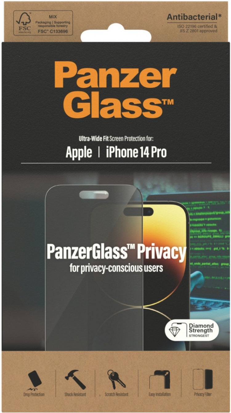 PanzerGlass Ultra Wide Fit Privacy skärmskydd, iPhone 14 Pro, svart ram PanzerGlass Ultra Wide Fit Privacy skärmskydd, iPhone 14 Pro, svart ram