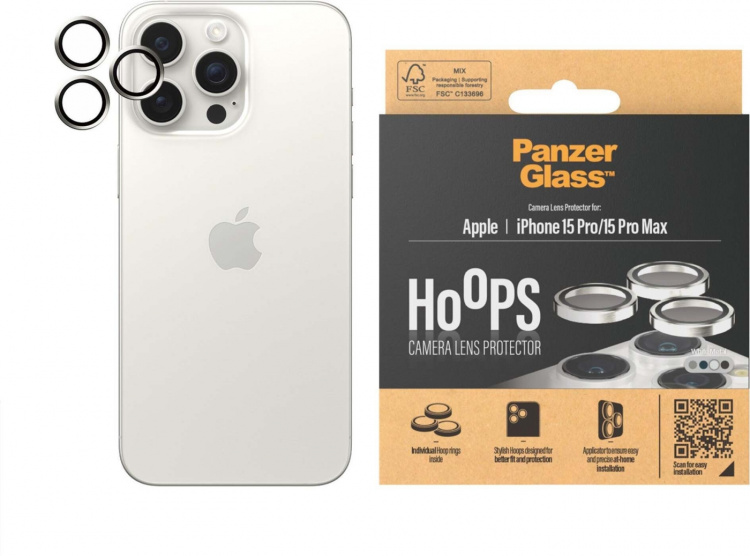 PanzerGlass Hoops kameralinsskydd, iPhone 15 Pro / 15 Pro Max, vit metall