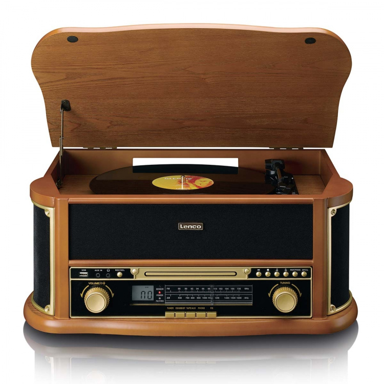 Lenco Retro skivspelare i trä med Bluetooth® AM/FM-radio USB-kodning CD-spelare kassettspelare och inbyggda högtalare Lenco Retro skivspelare i trä med Bluetooth® AM/FM-radio USB-kodning CD-spelare kassettspelare och inbyggda högtalare
