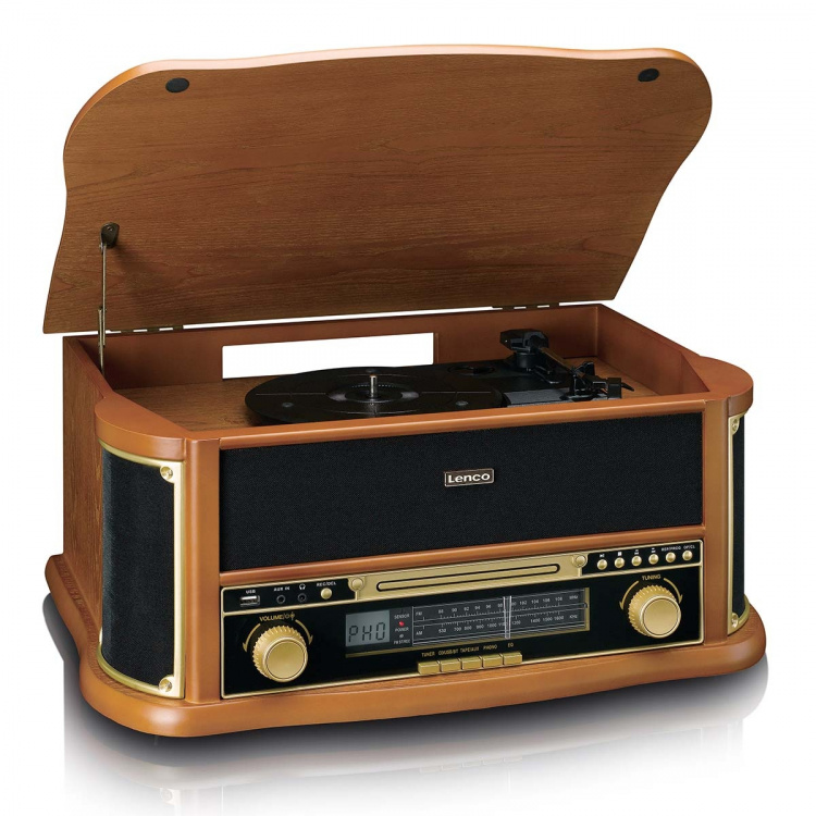 Lenco Retro skivspelare i trä med Bluetooth® AM/FM-radio USB-kodning CD-spelare kassettspelare och inbyggda högtalare Lenco Retro skivspelare i trä med Bluetooth® AM/FM-radio USB-kodning CD-spelare kassettspelare och inbyggda högtalare