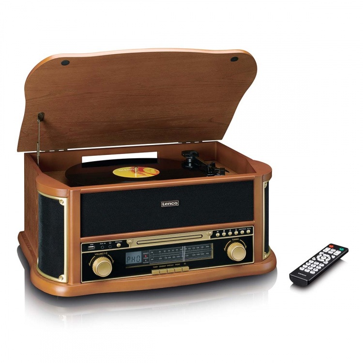Lenco Retro skivspelare i trä med Bluetooth® AM/FM-radio USB-kodning CD-spelare kassettspelare och inbyggda högtalare Lenco Retro skivspelare i trä med Bluetooth® AM/FM-radio USB-kodning CD-spelare kassettspelare och inbyggda högtalare
