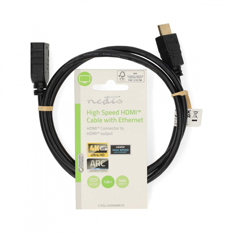 Nedis High Speed HDMI ™ kabel med Ethernet | HDMI™ Kontakt | HDMI™ Utgång | 4K@60Hz | ARC | 10.2 Gbps | 1.00 m | Rund | PVC | Svart | Label Nedis High Speed HDMI ™ kabel med Ethernet | HDMI™ Kontakt | HDMI™ Utgång | 4K@60Hz | ARC | 10.2 Gbps | 1.00 m | Rund | PVC | Svart | Label