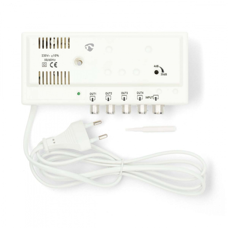 Nedis CATV Förstärkare | Förstärkning: 20 dB | 47 - 694 MHz | Antal utgångar: 4 | Förstärkningskontroll | Vit