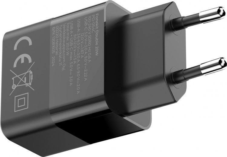 FoneKit Double 20W laddare, USB-C + USB-A, svart FoneKit Double 20W laddare, USB-C + USB-A, svart