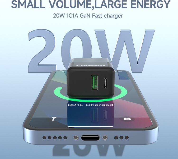 FoneKit Double 20W laddare, USB-C + USB-A, svart FoneKit Double 20W laddare, USB-C + USB-A, svart