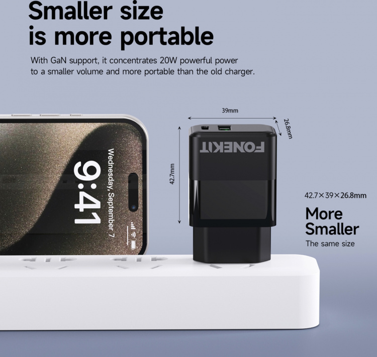 FoneKit Double 20W laddare, USB-C + USB-A, svart FoneKit Double 20W laddare, USB-C + USB-A, svart