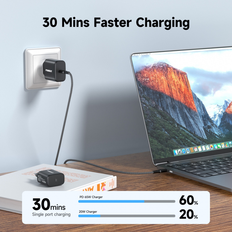 FoneKit GaN PD 65W AC-laddare, USB-C, svart FoneKit GaN PD 65W AC-laddare, USB-C, svart