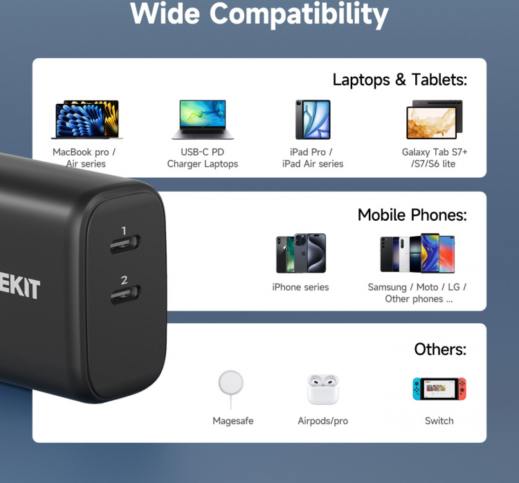FoneKit GaN PD 65W AC-laddare, USB-C + USB-C, svart FoneKit GaN PD 65W AC-laddare, USB-C + USB-C, svart