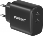 FoneKit GaN PD 65W AC-laddare, USB-C + USB-C, svart FoneKit GaN PD 65W AC-laddare, USB-C + USB-C, svart