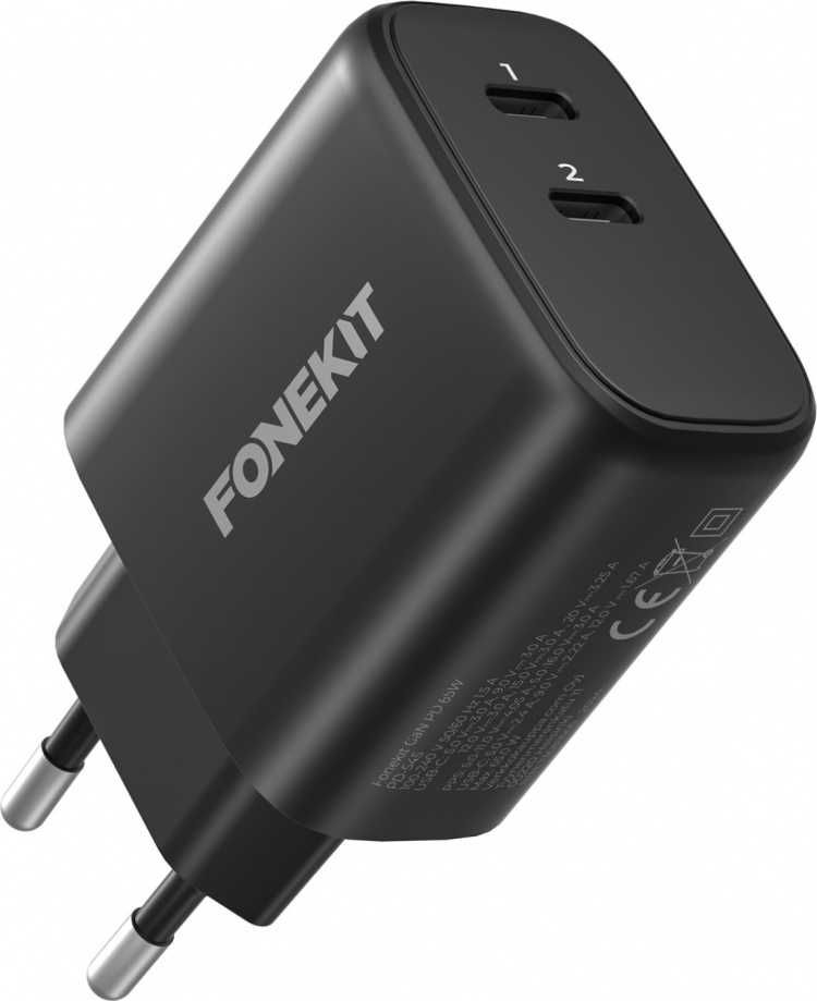 FoneKit GaN PD 65W AC-laddare, USB-C + USB-C, svart FoneKit GaN PD 65W AC-laddare, USB-C + USB-C, svart