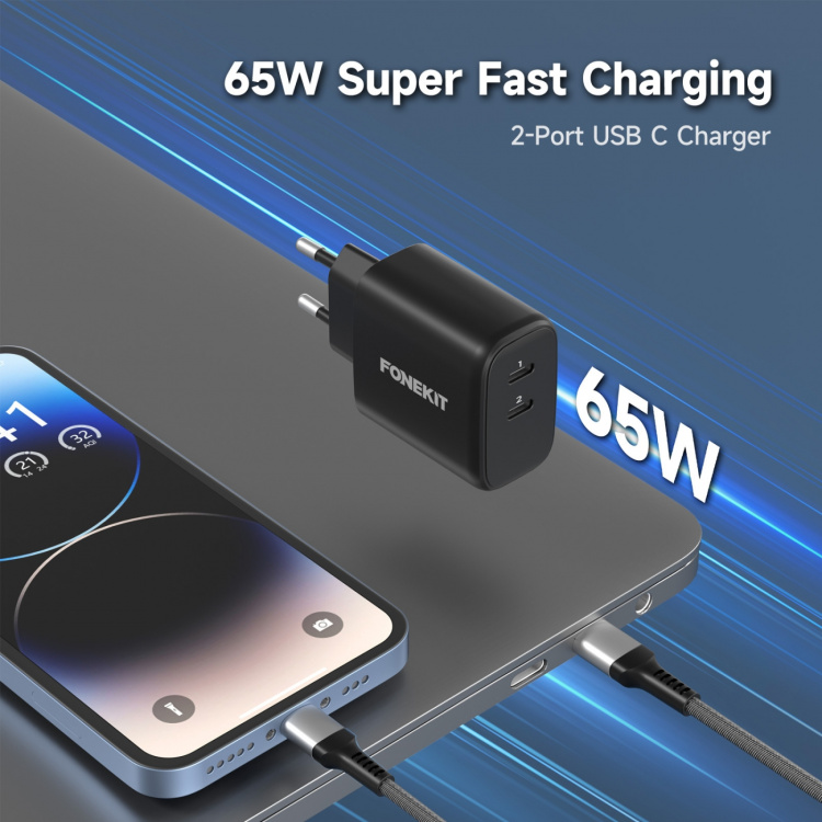 FoneKit GaN PD 65W AC-laddare, USB-C + USB-C, svart FoneKit GaN PD 65W AC-laddare, USB-C + USB-C, svart