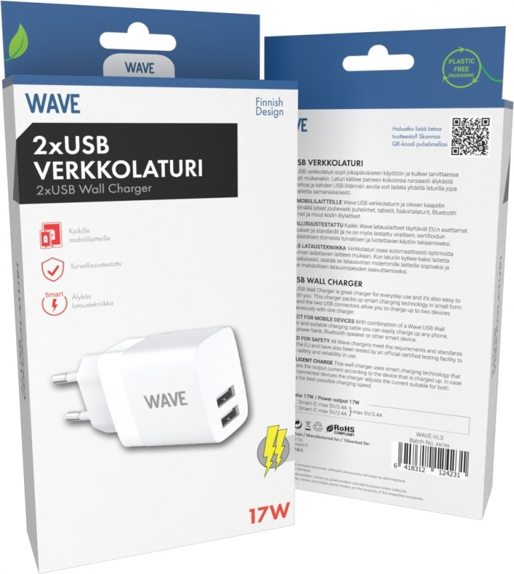Wave nätladdare 2 x USB, 17W, vit Wave nätladdare 2 x USB, 17W, vit