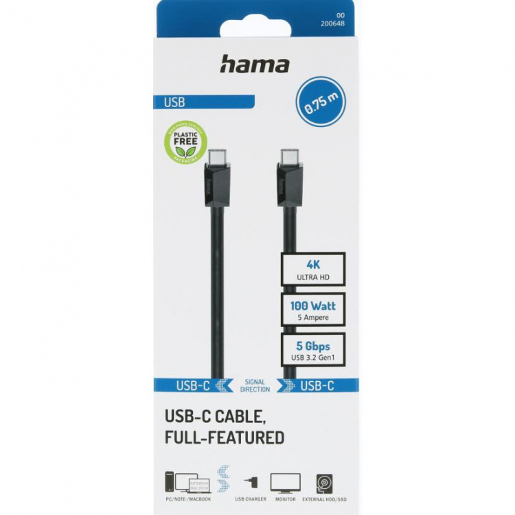 Hama Kabel USB C-C USB 3.2 Svart 0.75m Hama Kabel USB C-C USB 3.2 Svart 0.75m