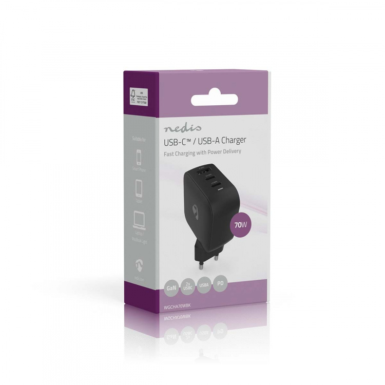 Nedis Väggladdare | 70 W | GaN | PD3.0 | Snabbladdnings funktion | 1.5 / 2.25 A / 2.5 / 3.0 / 3.5 A | Antal utgångar: 3 | USB-A / 2x USB-C™ | Automatiskt val av Spänning | Svart