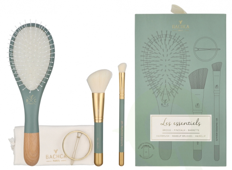 Bachca Paris Les Essentiels Eucalyptus Hair & Face Set 5 piece 1x Wooden Hair Brush/1x Blush Brush/1x Contour shader Brush/1x Round Hair Clip/1x Cotton Pouch
