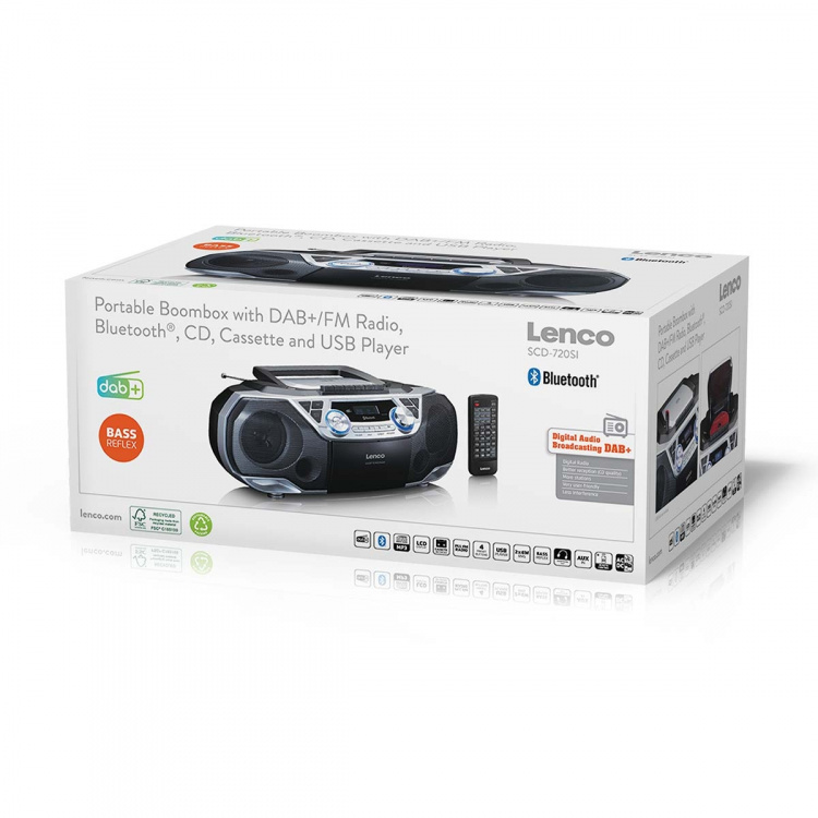 Lenco Bärbar Boombox med DAB+/FM-radio, Bluetooth®, CD, kassettbandspelare och USB-spelare Silver