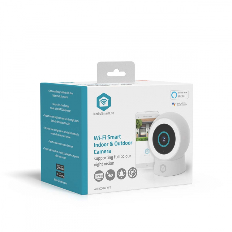 Nedis SmartLife Utomhus Kamera | Spotlight | 3MP Full HD 1296p | IP65 | microSD (ingår inte) / Molnlagring (tillval) / Onvif | 5 V DC | Med rörelsesensor | Nattsikt | Vit