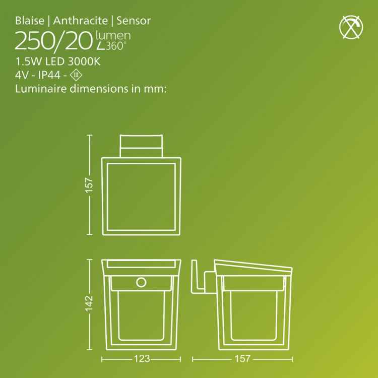 Philips Blaise Vägglampa Solcell LED 250/20lm Svart