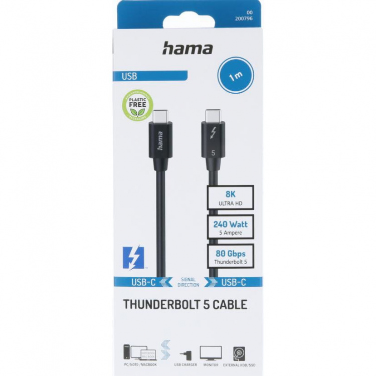 Hama Kabel USB-C Thunderbolt 5 80 Gbit/S Ultra-Hd 8K 1.0M Svart