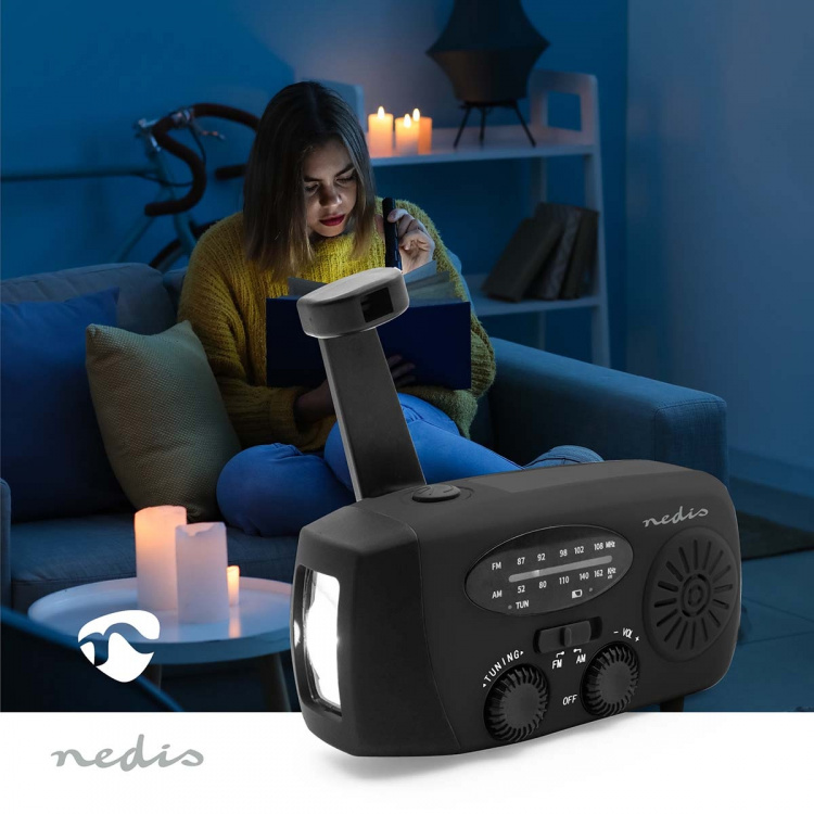 Nedis Nödradio | Bordsdesign | AM / FM | Powerbank funktion | Accu Powered / Handvev / USB ström | Svart Nedis Nödradio | Bordsdesign | AM / FM | Powerbank funktion | Accu Powered / Handvev / USB ström | Svart