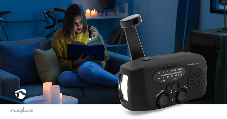Nedis Nödradio | Bordsdesign | AM / FM | Powerbank funktion | Accu Powered / Handvev / USB ström | Svart Nedis Nödradio | Bordsdesign | AM / FM | Powerbank funktion | Accu Powered / Handvev / USB ström | Svart