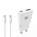 Nedis Väggladdare | 20 W | GaN | PD3.0 | Snabbladdnings funktion | 1.5 / 2.0 / 2.22 A / 3.0 A | Antal utgångar: 2 | USB-A / USB-C™ | USB-C™ (Lös) Kabel | 1.50 m | Automatiskt val av Spänning | Vit