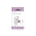 Nedis Väggladdare | 20 W | GaN | PD3.0 | Snabbladdnings funktion | 1.5 / 2.0 / 2.22 A / 3.0 A | Antal utgångar: 2 | USB-A / USB-C™ | USB-C™ (Lös) Kabel | 1.50 m | Automatiskt val av Spänning | Vit