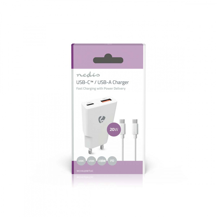 Nedis Väggladdare | 20 W | GaN | PD3.0 | Snabbladdnings funktion | 1.5 / 2.0 / 2.22 A / 3.0 A | Antal utgångar: 2 | USB-A / USB-C™ | USB-C™ (Lös) Kabel | 1.50 m | Automatiskt val av Spänning | Vit