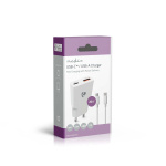 Nedis Väggladdare | 20 W | GaN | PD3.0 | Snabbladdnings funktion | 1.5 / 2.0 / 2.22 A / 3.0 A | Antal utgångar: 2 | USB-A / USB-C™ | USB-C™ (Lös) Kabel | 1.50 m | Automatiskt val av Spänning | Vit