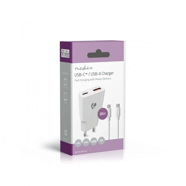 Nedis Väggladdare | 20 W | GaN | PD3.0 | Snabbladdnings funktion | 1.5 / 2.0 / 2.22 A / 3.0 A | Antal utgångar: 2 | USB-A / USB-C™ | USB-C™ (Lös) Kabel | 1.50 m | Automatiskt val av Spänning | Vit