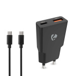 Nedis Väggladdare | 30 W | GaN | PD3.0 30W | Snabbladdnings funktion | 1.5 / 2.0 / 2.5 / 3.0 A | Antal utgångar: 2 | USB-A / USB-C™ | USB Type-C™ (Lös) Kabel | 1.50 m | Automatiskt val av Spänning | Svart