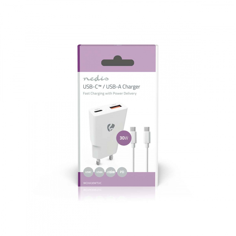 Nedis Väggladdare | 30 W | GaN | PD3.0 30W | Snabbladdnings funktion | 1.5 / 2.0 / 2.5 / 3.0 A | Antal utgångar: 2 | USB-A / USB-C™ | USB-C™ (Lös) Kabel | 1.50 m | Automatiskt val av Spänning | Vit