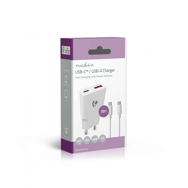 Nedis Väggladdare | 30 W | GaN | PD3.0 30W | Snabbladdnings funktion | 1.5 / 2.0 / 2.5 / 3.0 A | Antal utgångar: 2 | USB-A / USB-C™ | USB-C™ (Lös) Kabel | 1.50 m | Automatiskt val av Spänning | Vit