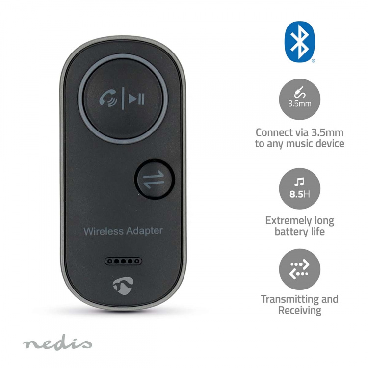 Nedis Bluetooth® Transceiver | Ingång för audio/video/dataanslutningar: USB-C™ Female | Audio / video / dataanslutningar utgång: 1x 3.5 mm | SBC | Upp till 1 enhet | Maximal batteritid: 8.5 timmar | Svart