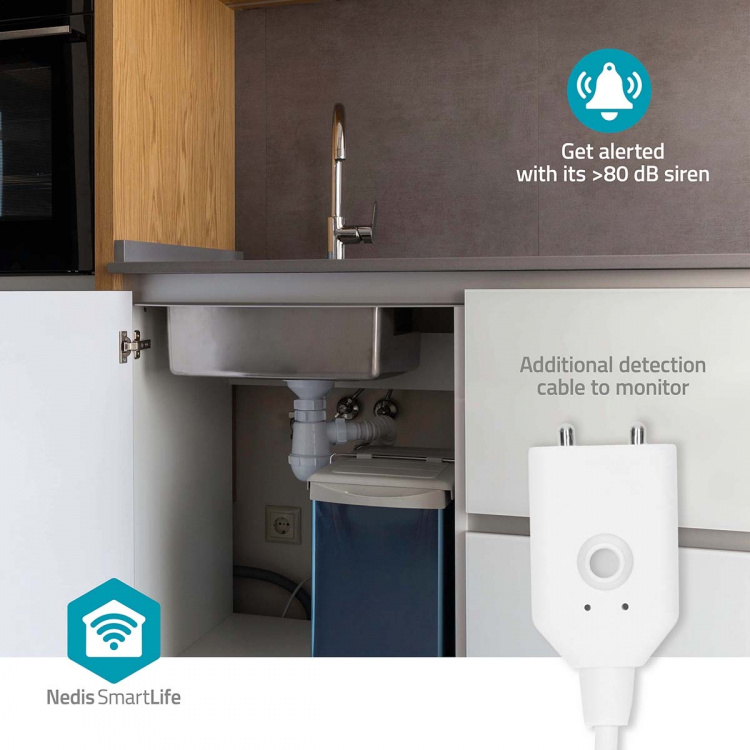 Nedis SmartLife Water Detector | Wi-Fi | Batteridriven | Förlängning ingår | Max. batteritid: 24 Månader | 80 dB | Vit