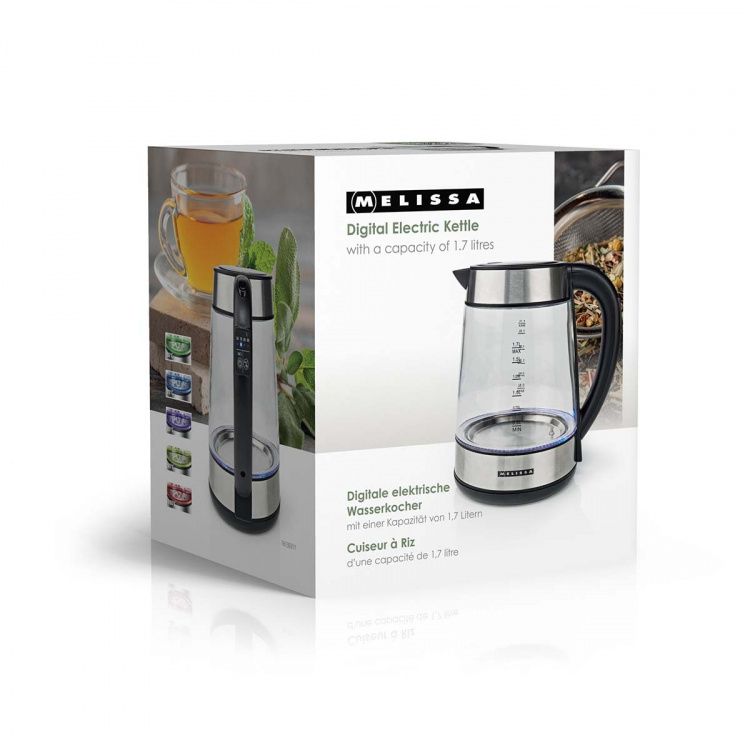 MELISSA Digital vattenkokare | 1,7 l | 2200 W | Glas | 50/70/80/90/100 °C Förinställningar | 360° pirouettfot | Dolt värmeelement | Strix®-kontroll | Varmhållningsfunktion | Torrkokningsskydd