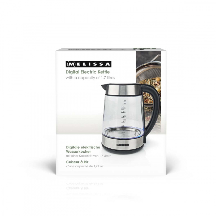 MELISSA Digital vattenkokare | 1,7 l | 2200 W | Glas | 50/70/80/90/100 °C Förinställningar | 360° pirouettfot | Dolt värmeelement | Strix®-kontroll | Varmhållningsfunktion | Torrkokningsskydd