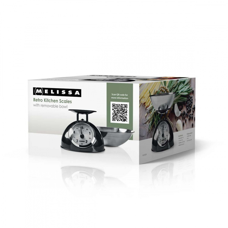 MELISSA Retro köksvåg | Analog | Metallhölje | Avtagbar skål | Max. 5 kg | 25 grams steg | Svart