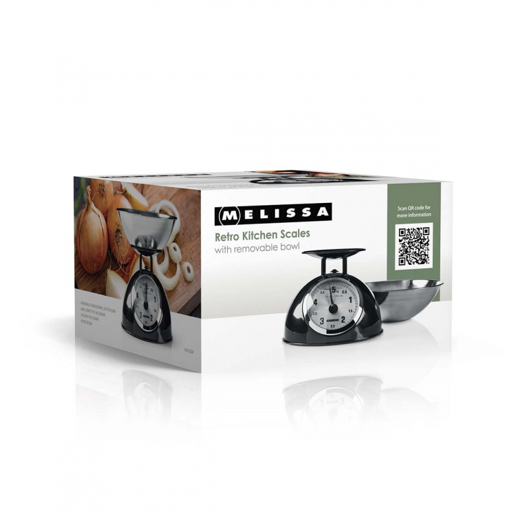MELISSA Retro köksvåg | Analog | Metallhölje | Avtagbar skål | Max. 5 kg | 25 grams steg | Svart