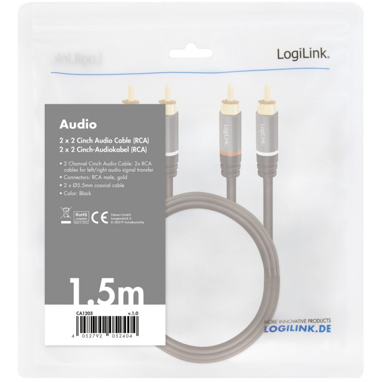 LogiLink Audiokabel 2 x RCA-hane - 2 x RCA-hane 1,5m Metall Svart