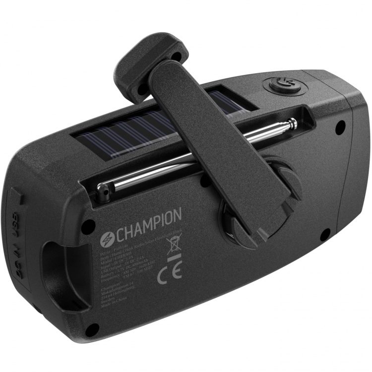 Champion Vevradio med ficklampa och solcell Svart