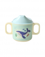 RICE Babykopp med 2 handtag och lock i melamin - Blue Ocean Print - 250 ml