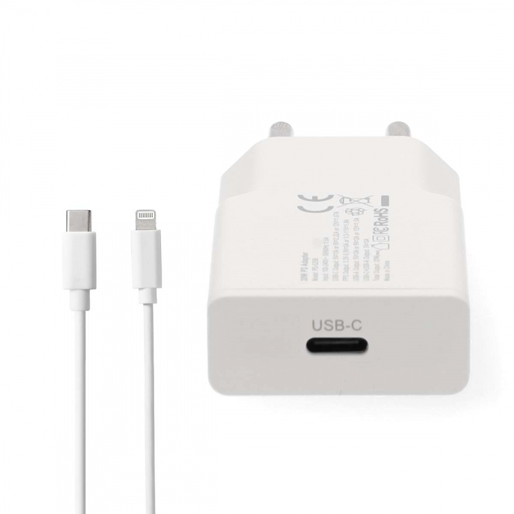 Nedis Väggladdare | 20 W | GaN | PD3.0 | Snabbladdnings funktion | 1.67 A / 2.22 A / 3.0 A | Antal utgångar: 1 | USB-C™ | Lightning 8-Pin (Lös) Kabel | 1.00 m | Automatiskt val av Spänning | Vit