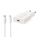 Nedis Väggladdare | 20 W | GaN | PD3.0 | Snabbladdnings funktion | 1.67 A / 2.22 A / 3.0 A | Antal utgångar: 1 | USB-C™ | Lightning 8-Pin (Lös) Kabel | 1.00 m | Automatiskt val av Spänning | Vit