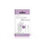 Nedis Väggladdare | 20 W | GaN | PD3.0 | Snabbladdnings funktion | 1.67 A / 2.22 A / 3.0 A | Antal utgångar: 1 | USB-C™ | Lightning 8-Pin (Lös) Kabel | 1.00 m | Automatiskt val av Spänning | Vit