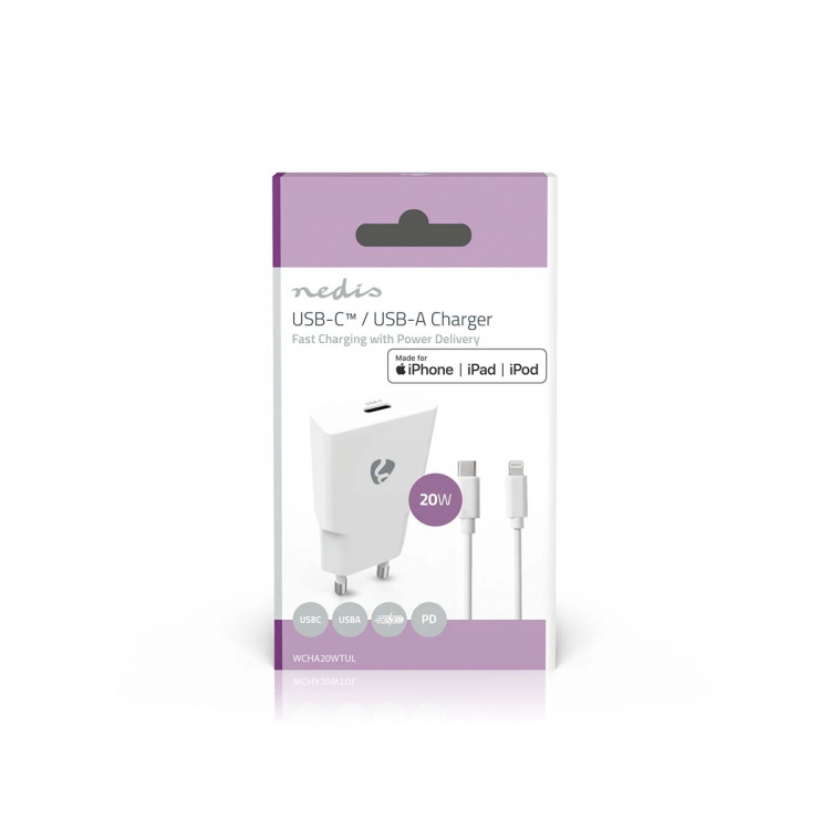 Nedis Väggladdare | 20 W | GaN | PD3.0 | Snabbladdnings funktion | 1.67 A / 2.22 A / 3.0 A | Antal utgångar: 1 | USB-C™ | Lightning 8-Pin (Lös) Kabel | 1.00 m | Automatiskt val av Spänning | Vit