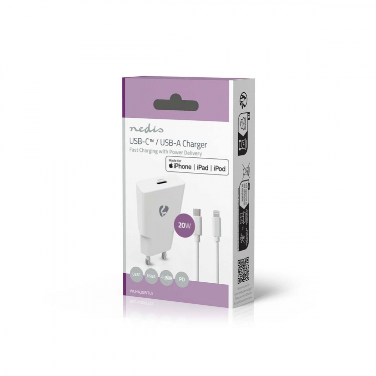 Nedis Väggladdare | 20 W | GaN | PD3.0 | Snabbladdnings funktion | 1.67 A / 2.22 A / 3.0 A | Antal utgångar: 1 | USB-C™ | Lightning 8-Pin (Lös) Kabel | 1.00 m | Automatiskt val av Spänning | Vit