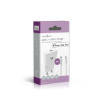Nedis Väggladdare | 20 W | GaN | PD3.0 | Snabbladdnings funktion | 1.67 A / 2.22 A / 3.0 A | Antal utgångar: 1 | USB-C™ | Lightning 8-Pin (Lös) Kabel | 1.00 m | Automatiskt val av Spänning | Vit