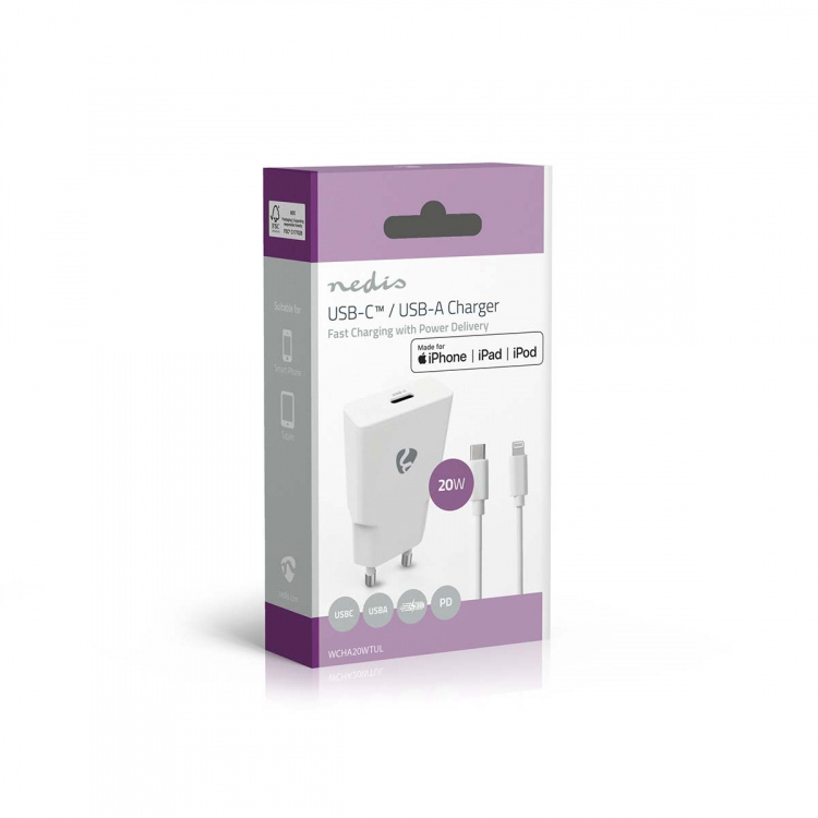 Nedis Väggladdare | 20 W | GaN | PD3.0 | Snabbladdnings funktion | 1.67 A / 2.22 A / 3.0 A | Antal utgångar: 1 | USB-C™ | Lightning 8-Pin (Lös) Kabel | 1.00 m | Automatiskt val av Spänning | Vit