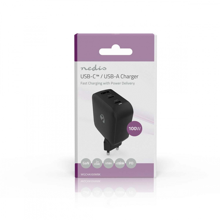Nedis Väggladdare | 100 W | GaN | PD3.0 | Snabbladdnings funktion | 2.5 / 3.0 / 5.0 A | Antal utgångar: 3 | USB-A / 2x USB-C™ | Automatiskt val av Spänning | Svart Nedis Väggladdare | 100 W | GaN | PD3.0 | Snabbladdnings funktion | 2.5 / 3.0 / 5.0 A | Antal utgångar: 3 | USB-A / 2x USB-C™ | Automatiskt val av Spänning | Svart